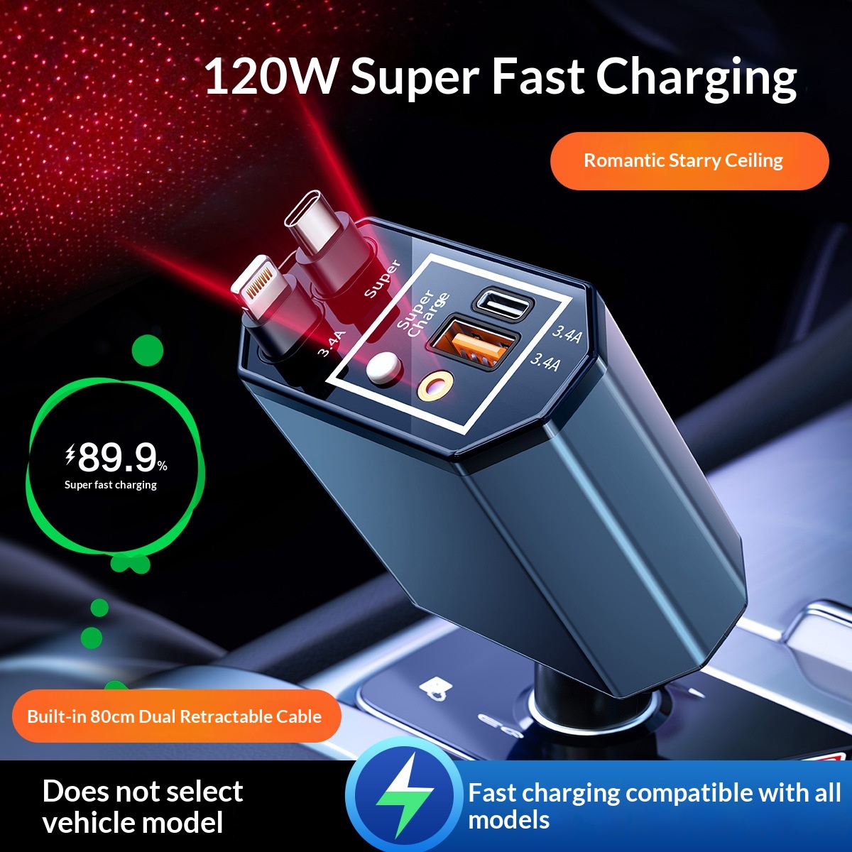 120W Car Charger with Telescop - Fast Charging Cable review and price