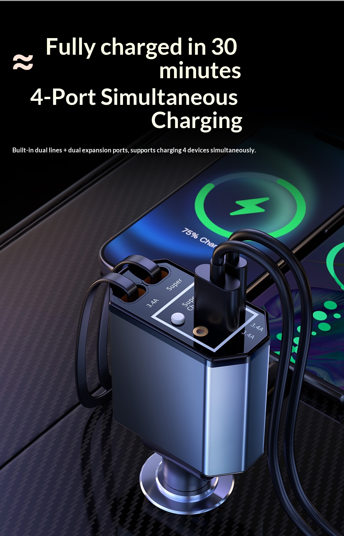 120W Car Charger with Telescop - Fast Charging Cable review and price
